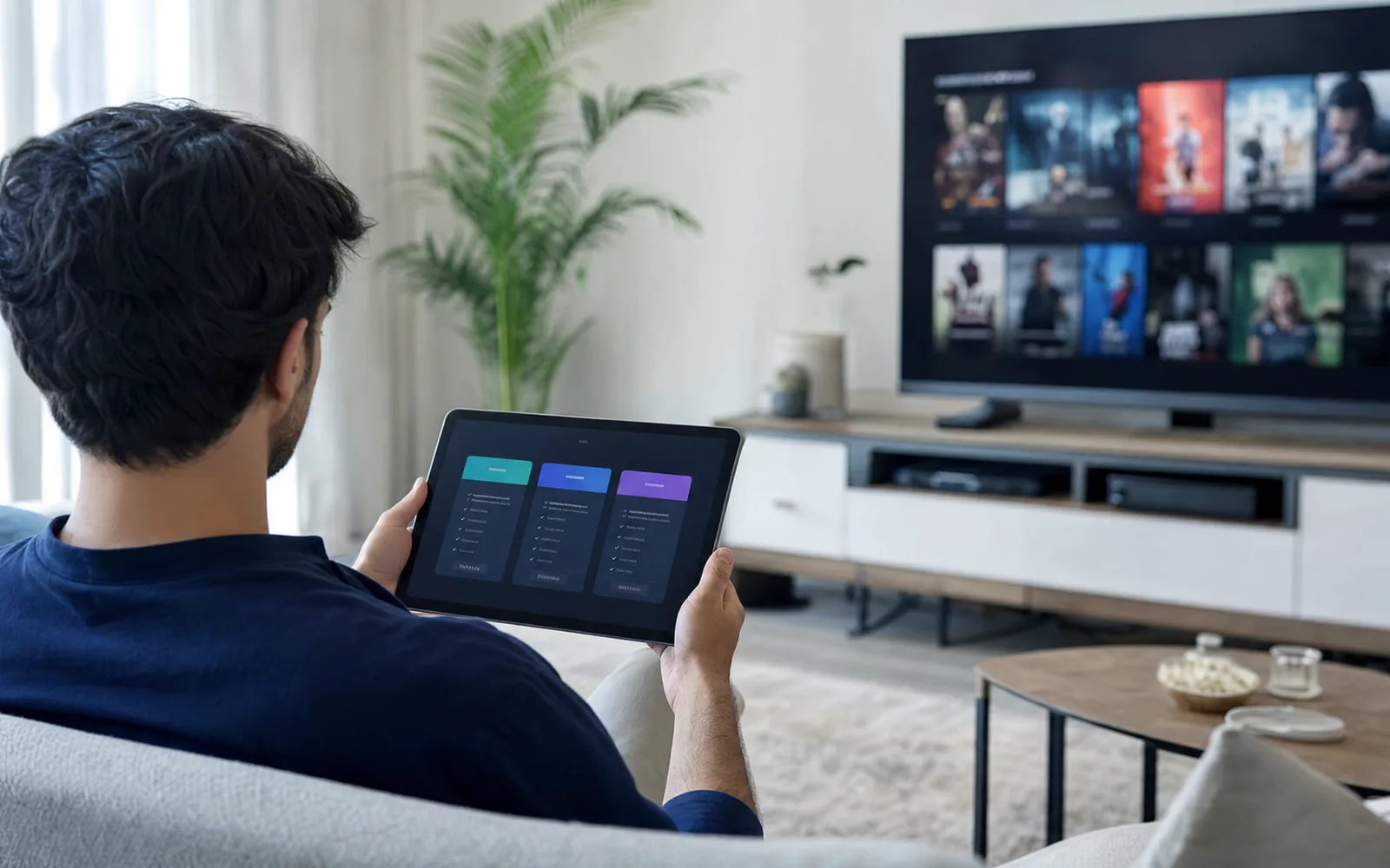 Personne comparant des offres d’abonnement sur une tablette, avec un grand téléviseur allumé en arrière-plan dans un salon lumineux