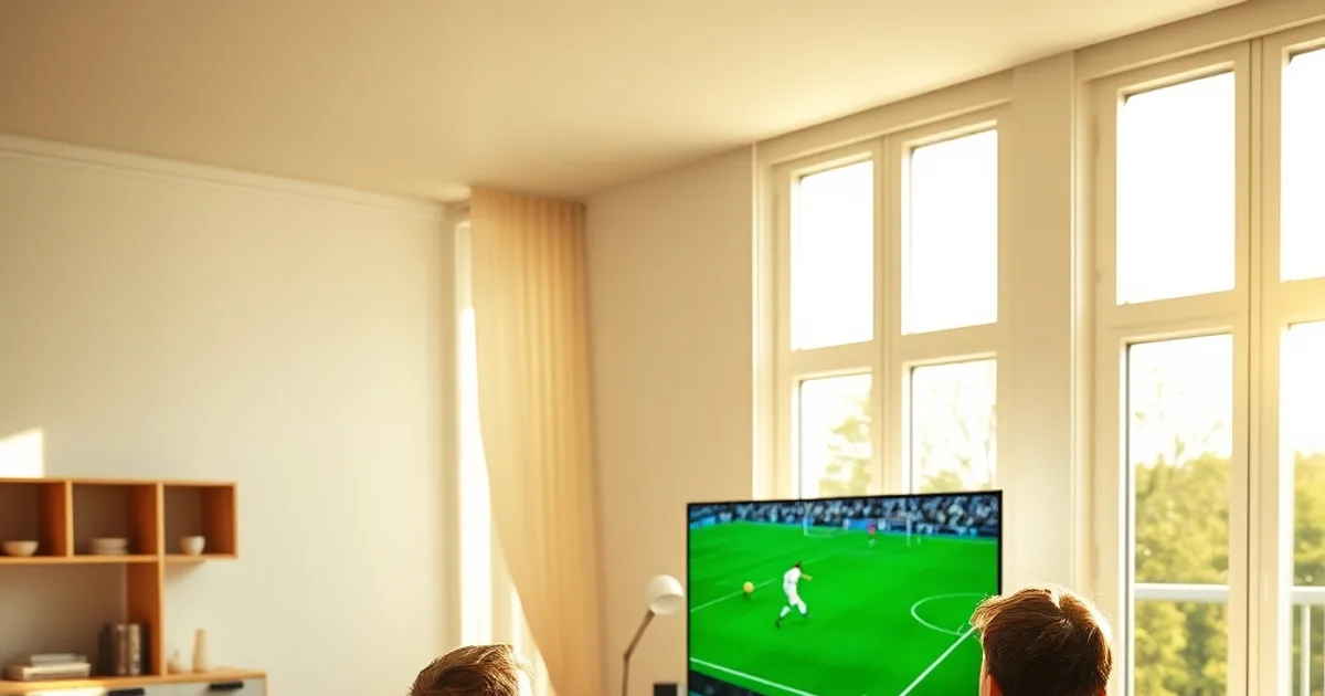 Un père et son fils regardent tranquillement un match de football dans un salon lumineux, sur une application de streaming légale.