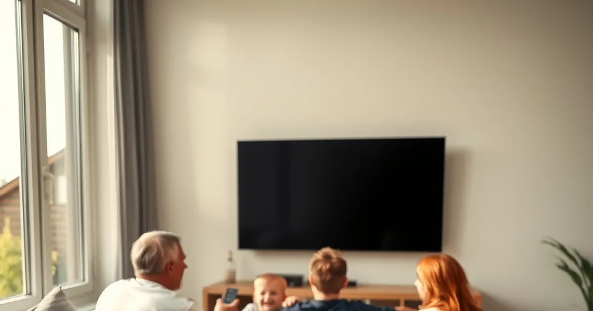 Famille réunie dans un salon lumineux devant la télévision, avec un carnet de calcul de budget posé sur la table basse