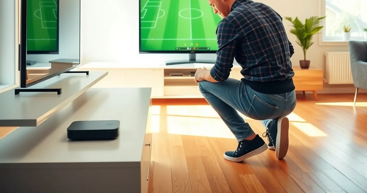Un homme ajuste son routeur Wi-Fi et son boîtier de streaming dans un salon lumineux, avec un téléviseur en arrière-plan affichant une pelouse de football.