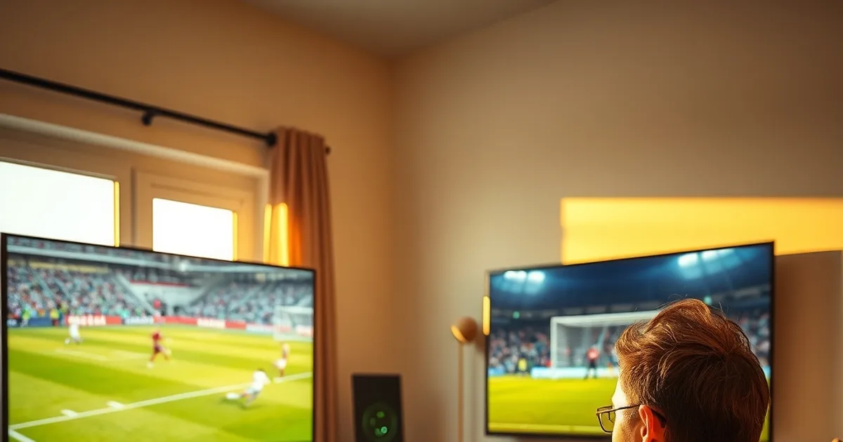 Une personne assise dans un salon lumineux regarde son téléphone en main, la télévision derrière elle affichant un match figé, un routeur visible sur une étagère