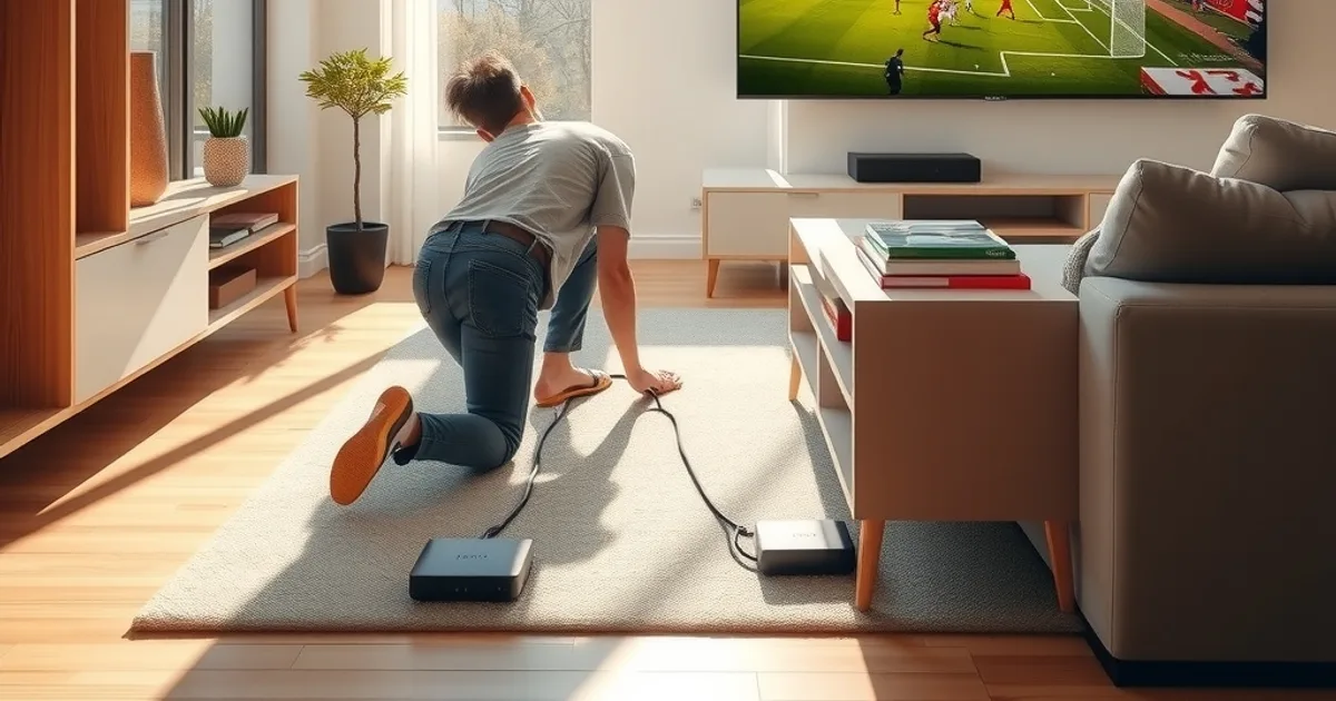 Une personne branche un câble Ethernet derrière une télévision dans un salon lumineux, avec un match de football affiché à l'écran en arrière-plan