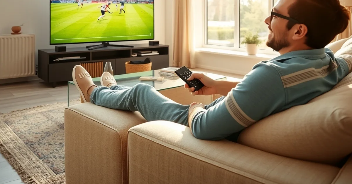 Une personne détendue dans son salon lumineux regarde un match de football à la télévision en toute sérénité
