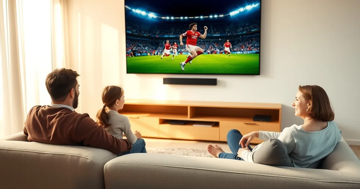 Famille installée dans un salon lumineux devant la télévision pendant un match de football, télécommande et tablette posées sur la table basse