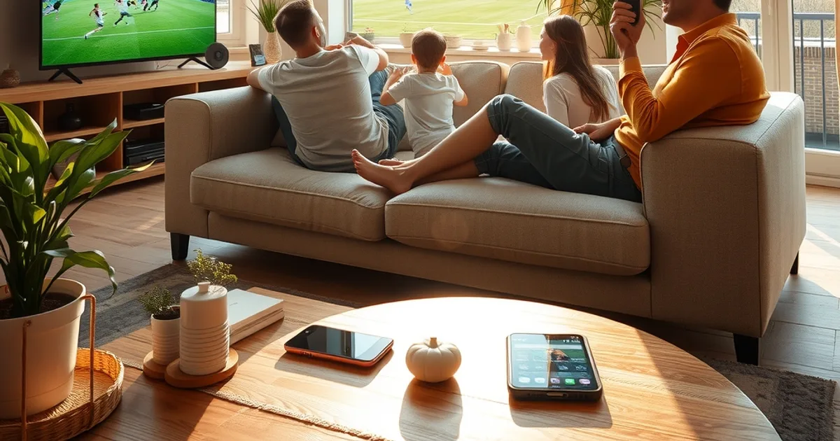 Famille détendue regardant un match de football dans un salon lumineux et chaleureux, illustrant un accès IPTV stable et légal.