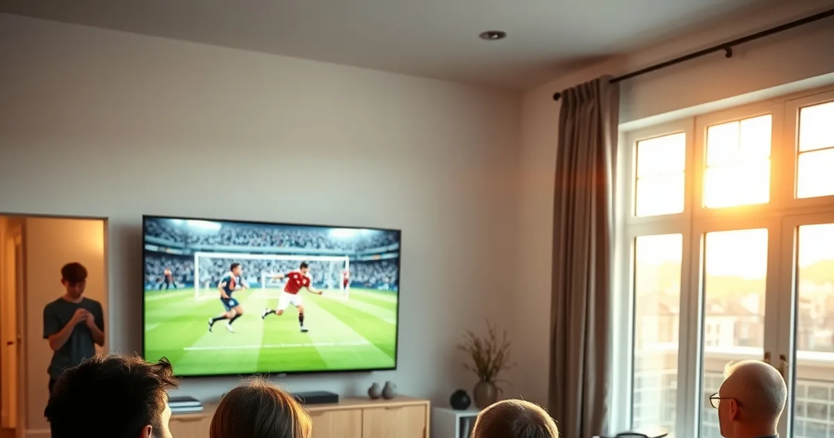 Une famille regarde un match de Ligue 1 ensemble dans un salon lumineux, avec une tablette et un smartphone également connectés en arrière-plan