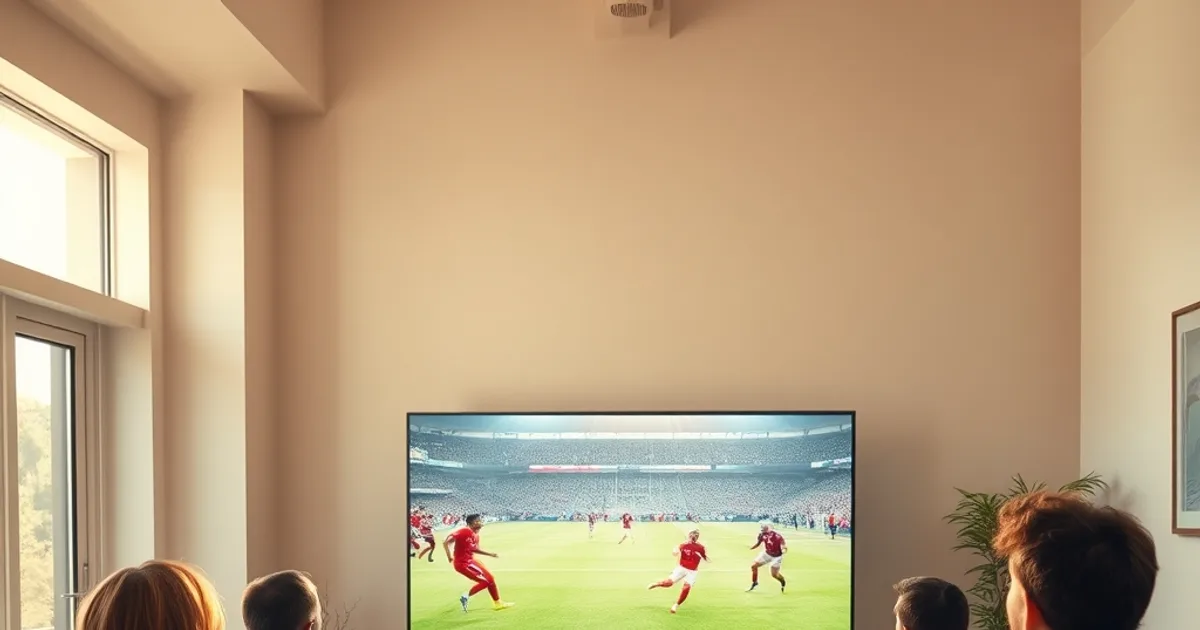 Groupe d'amis regardant un match de football en direct dans un salon lumineux, ambiance samedi après-midi.