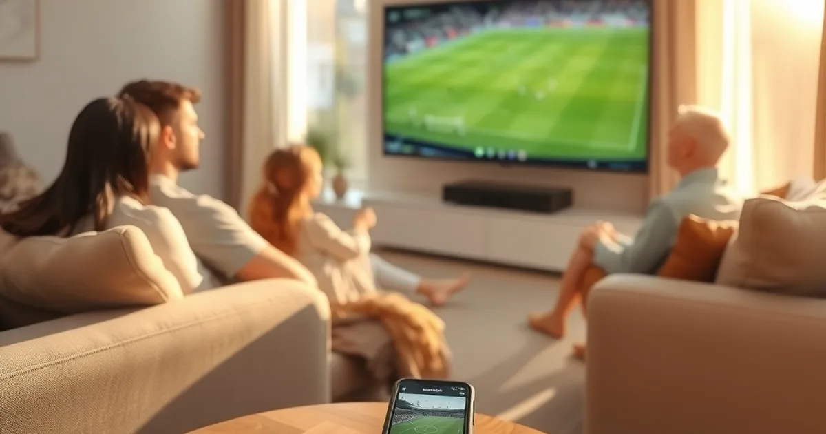 Famille regardant un match de football en direct sur une Smart TV dans un salon lumineux et chaleureux, en fin d'après-midi