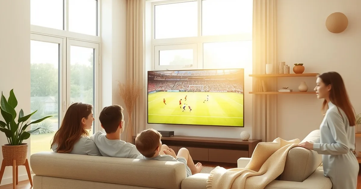 Famille regardant un match de football tranquillement installée dans un salon lumineux