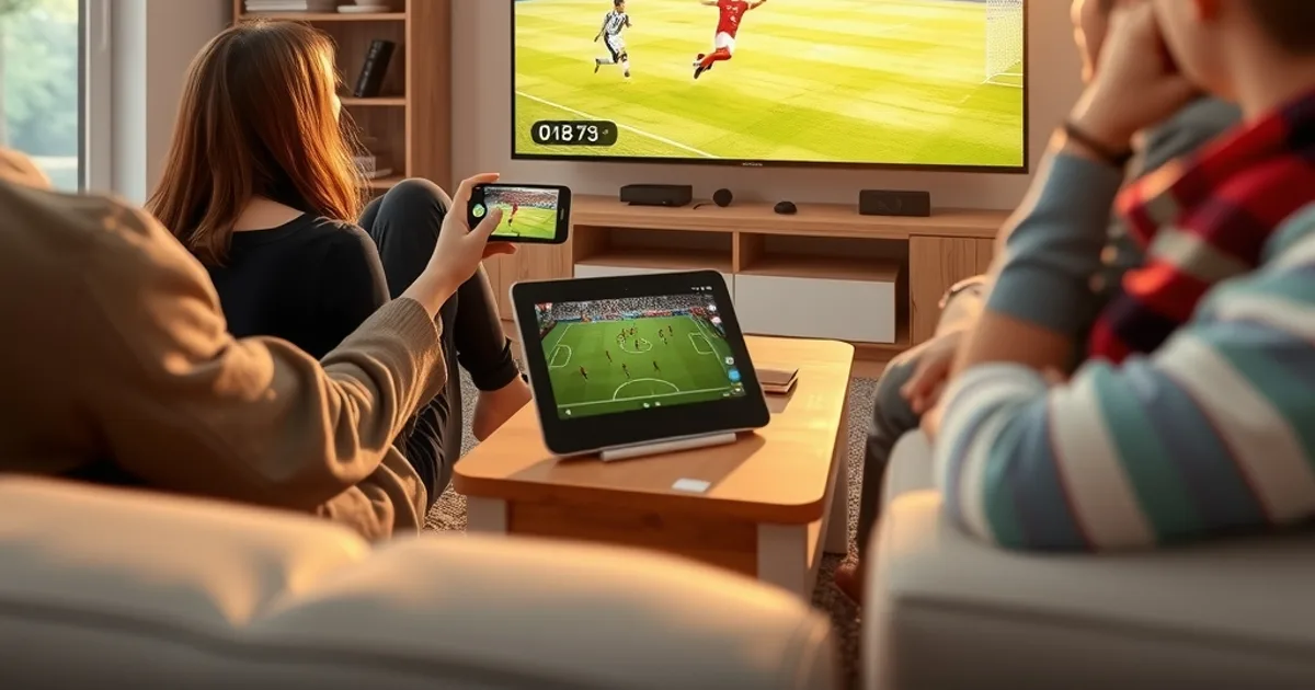 Famille regardant un match de football sur une télévision dans un salon lumineux, avec un smartphone et une tablette affichant d'autres flux à proximité
