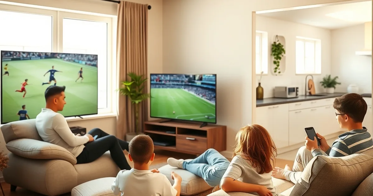 Famille dans un salon lumineux regardant des contenus différents en même temps sur la TV, une tablette et un smartphone