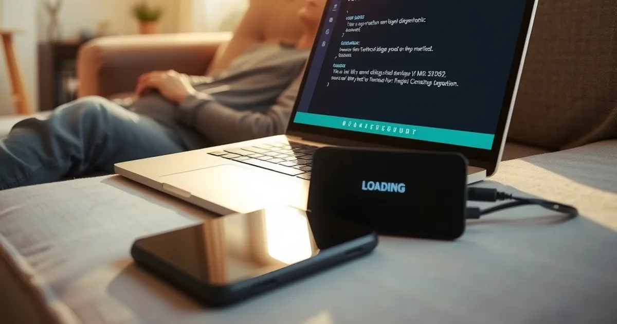 Une personne teste sa connexion Internet sur un ordinateur portable dans un salon lumineux, avec un routeur visible en arrière-plan, avant un match de Ligue des champions.