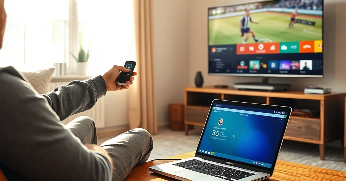 Une personne règle un boîtier Firestick et vérifie la vitesse de connexion dans un salon lumineux avant un match de Ligue 1.