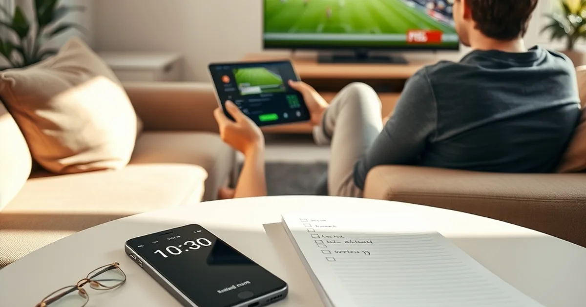 Une personne teste une application IPTV sur une tablette dans un salon lumineux, avec un chronomètre et une liste de vérification posés sur la table basse.