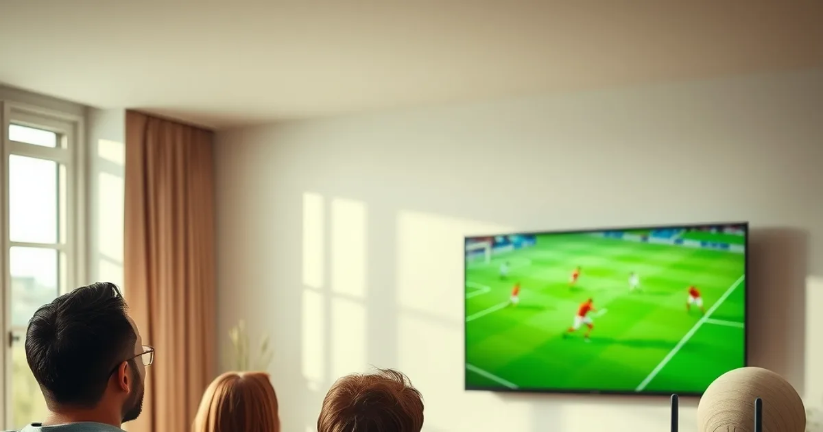 Famille regardant un match de football dans un salon lumineux, routeur fibre optique visible près de la télévision