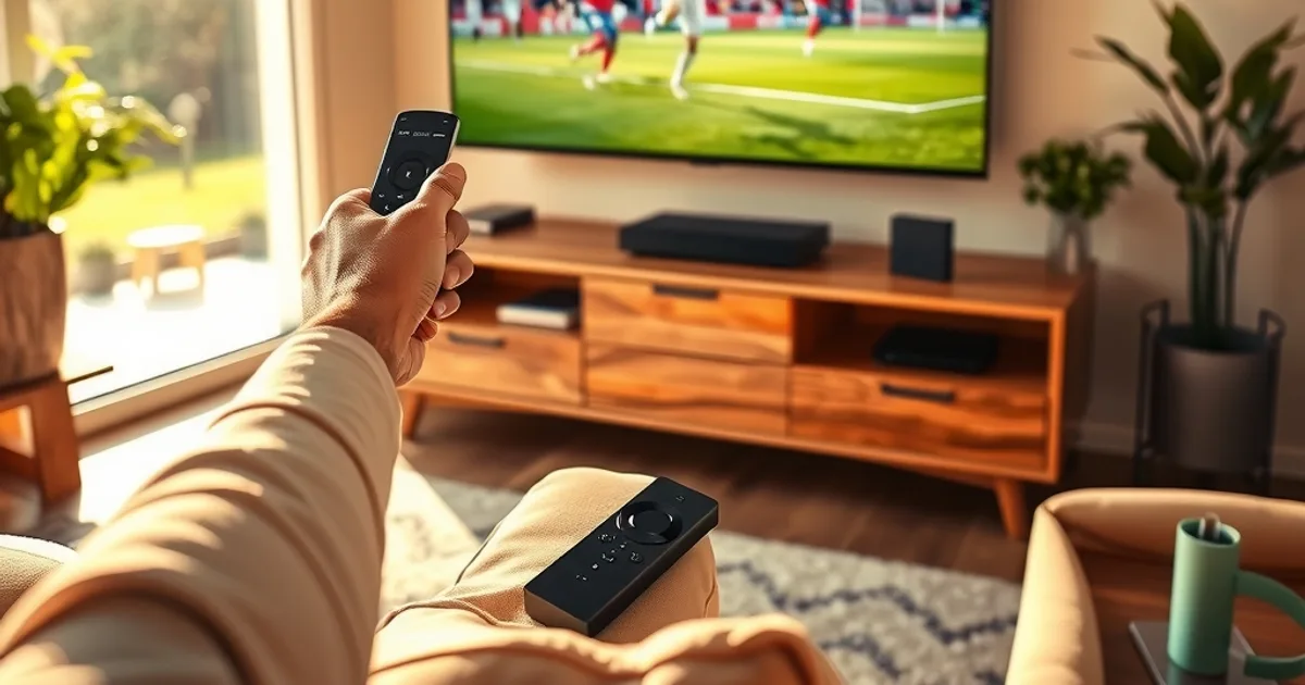 Salon lumineux avec une personne réglant une box Android TV et un Firestick posés côte à côte devant un téléviseur diffusant un match de football