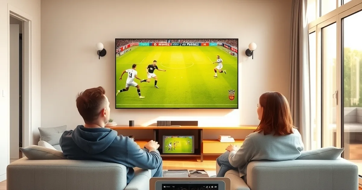 Deux personnes suivent un match de football sur grand écran dans un salon lumineux, avec une tablette affichant une seconde rencontre sur la table basse