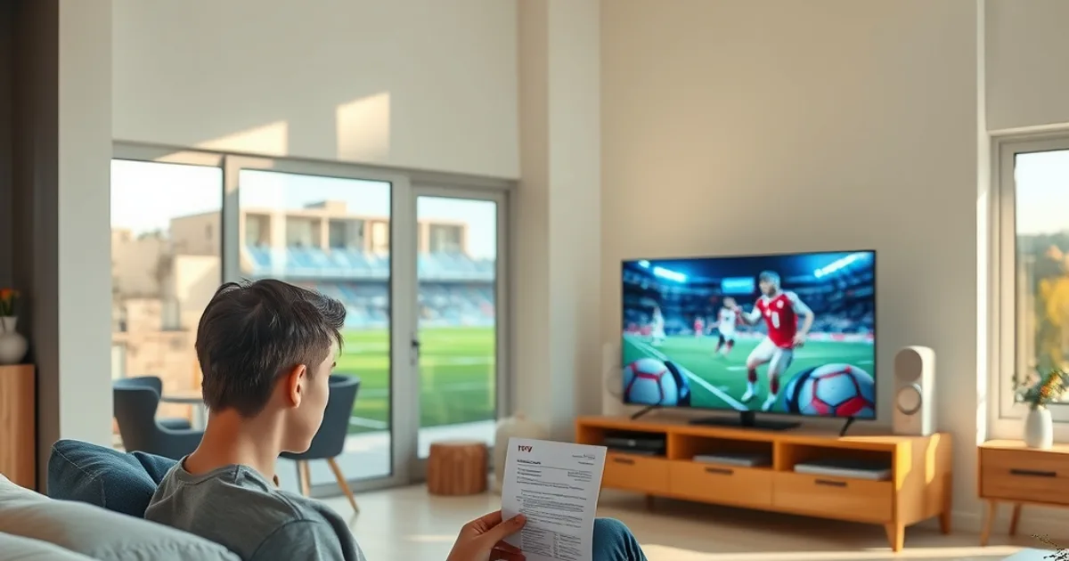 Une personne assise dans un salon lumineux consulte tranquillement une facture, avec un match de football diffusé en arrière-plan à la télévision