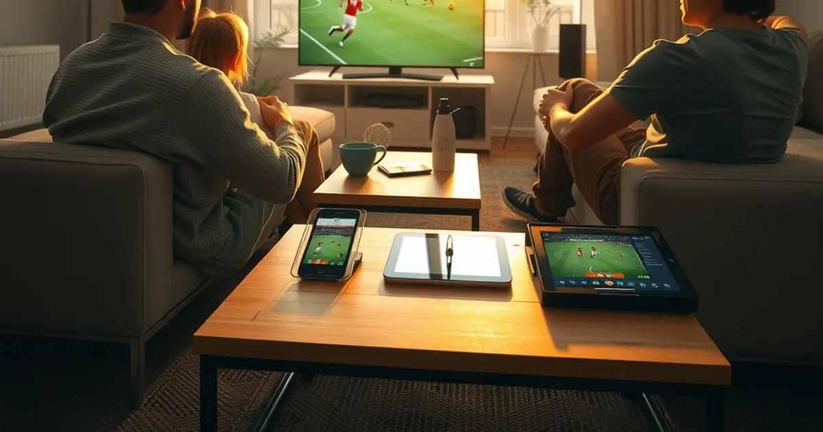 Famille installée dans un salon lumineux en fin de journée, regardant un match de football sur la télévision avec une tablette allumée à proximité
