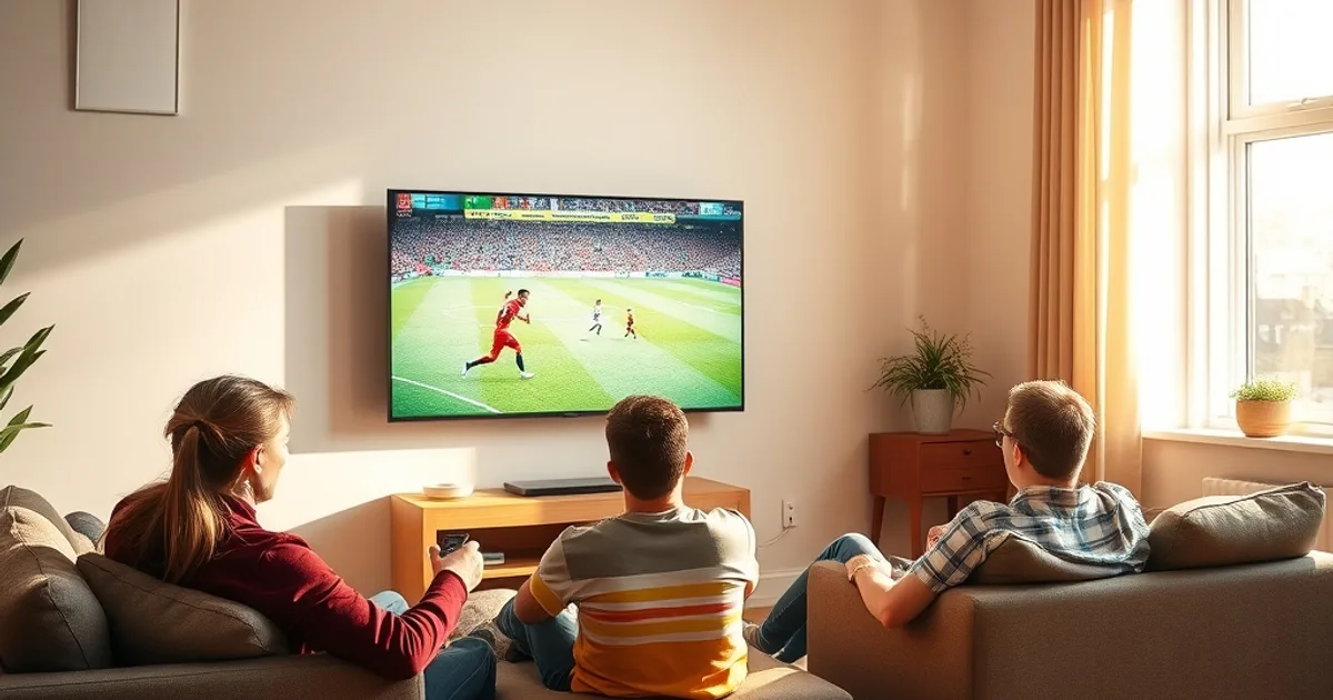 Groupe d'amis regardant un match de football sur une Smart TV dans un salon lumineux en plein après-midi