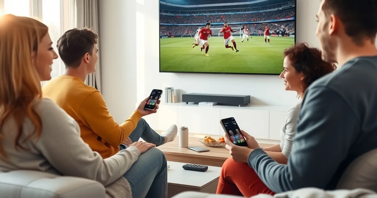 Une famille regarde un match de football ensemble dans un salon lumineux, assise sur un canapé face à une grande télévision.