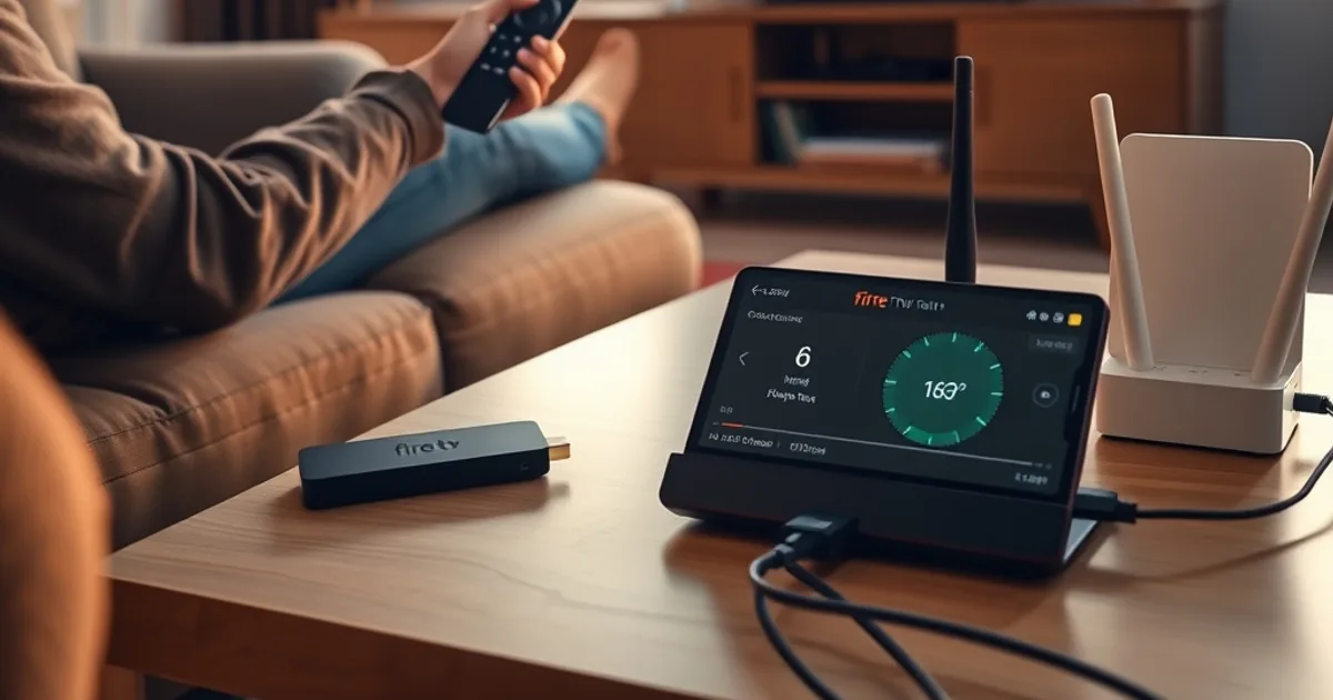 Personne testant la stabilité de sa connexion IPTV sur Firestick dans un salon lumineux, avec un test de vitesse affiché sur smartphone à côté du routeur.