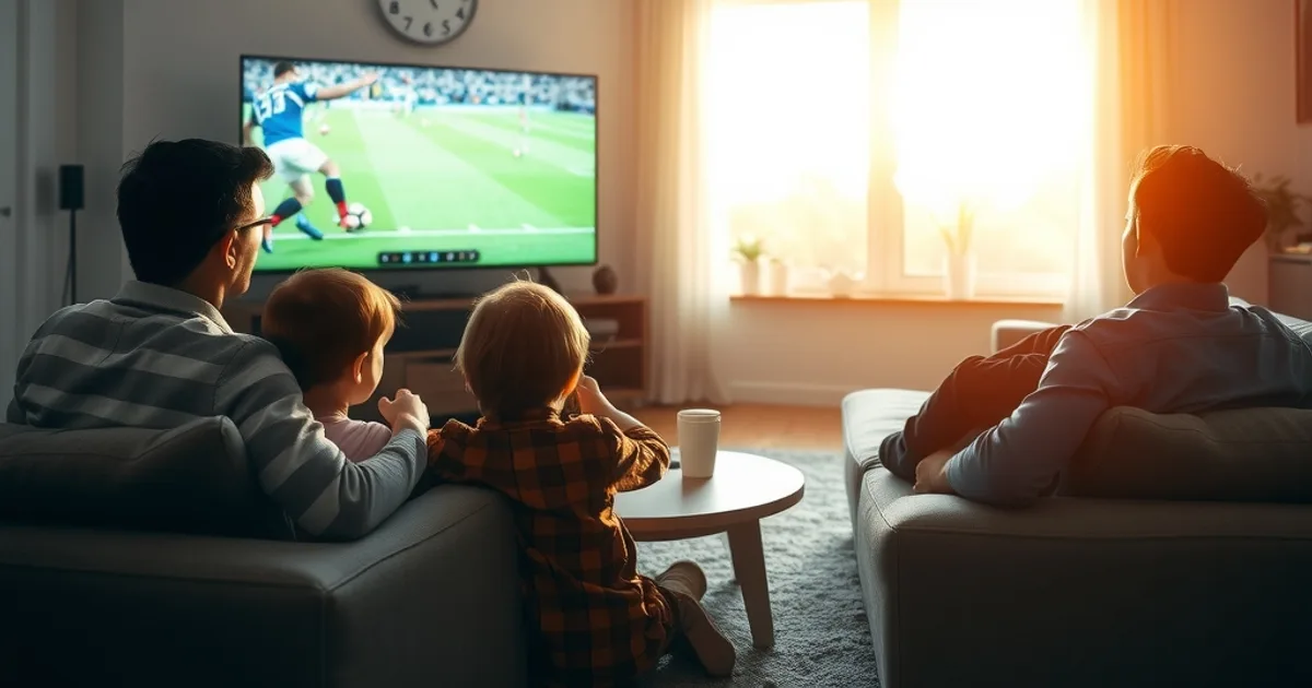 Une famille regarde un match de football en soirée dans un salon lumineux, confortablement installée devant la télévision