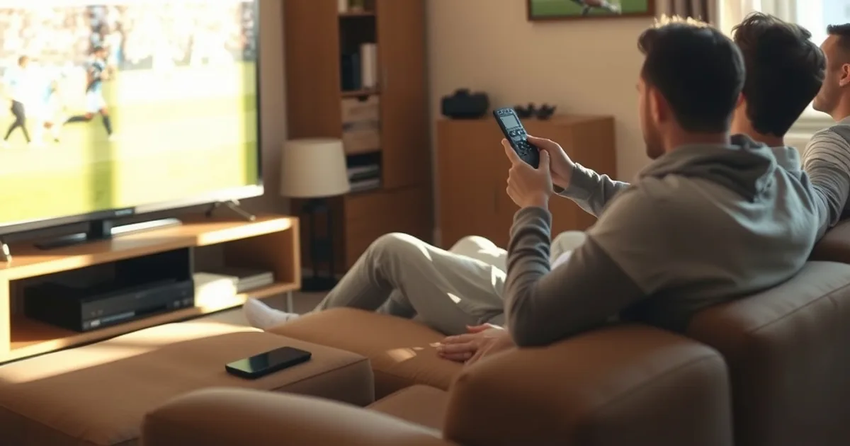 Un groupe d'amis regarde un match de Ligue 1 dans un salon lumineux, réagissant à une coupure momentanée de l'écran pendant l'action.