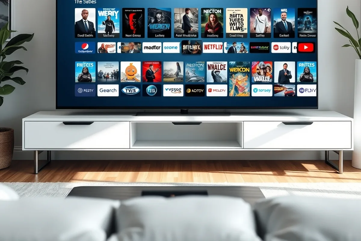 Téléviseur affichant une interface avec des rangées de chaînes et de films, illustrant ce qu’est un code IPTV premium
