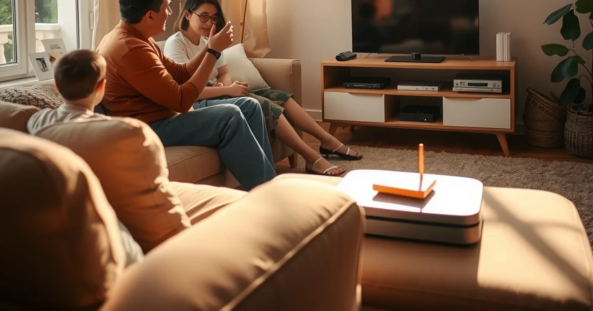 Famille installant un nouveau boîtier de streaming près de sa télévision, dans un salon lumineux, avec l'ancienne box opérateur débranchée à côté