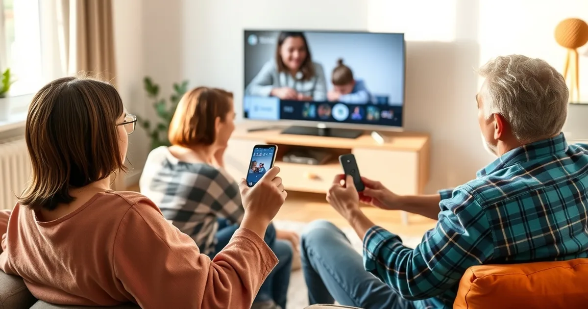Une famille installe un boîtier de streaming sur sa télévision dans un salon lumineux, en remplacement de la box de son opérateur.