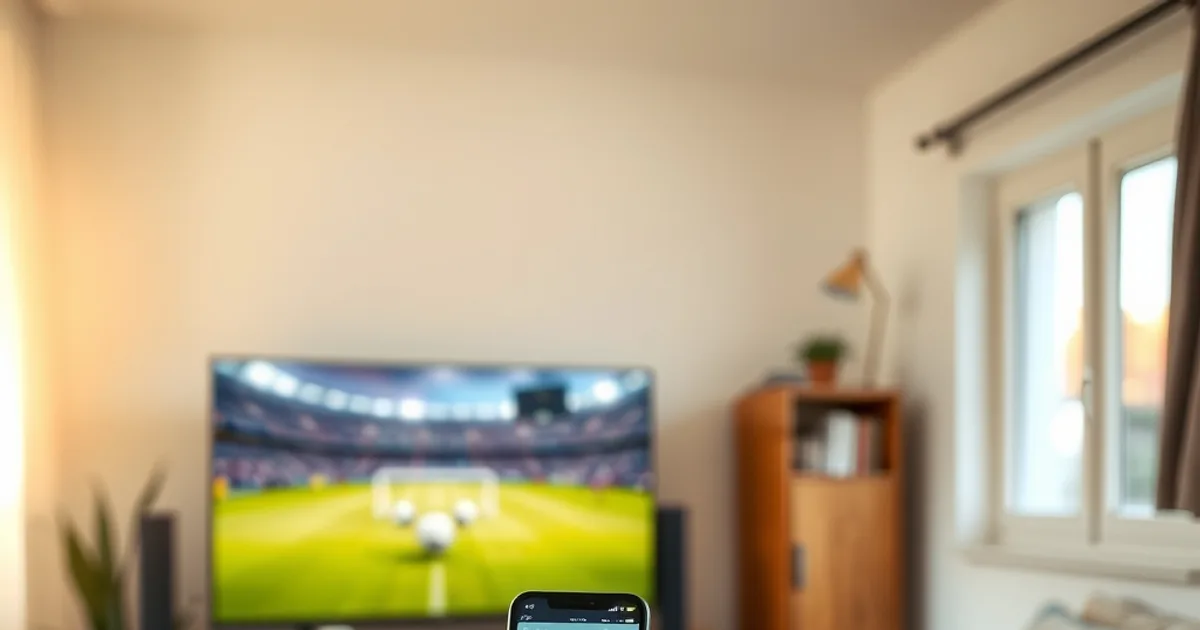 Une personne teste la vitesse de sa connexion internet sur son smartphone dans un salon lumineux, avec la télévision diffusant un match de football en arrière-plan