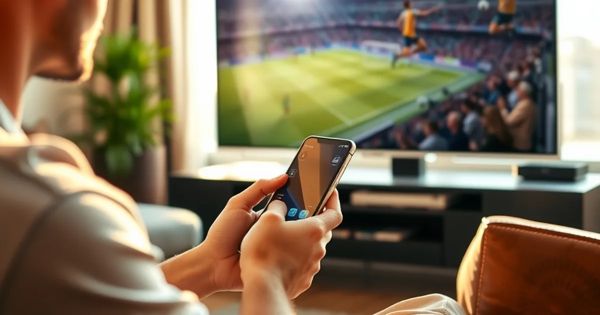 Une personne dans un salon lumineux compare les informations affichées sur sa télécommande et son téléphone pendant un match diffusé sur grand écran.