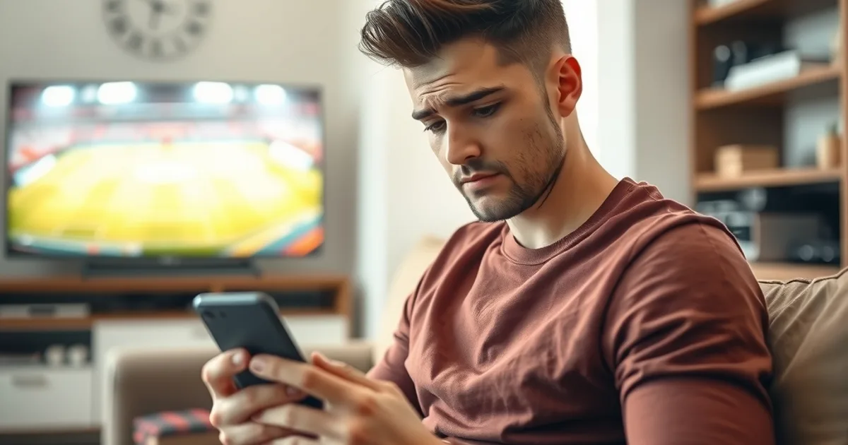 Un homme assis dans un salon lumineux consulte son téléphone, un routeur visible en arrière-plan et un match de football flou à la télévision